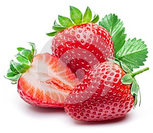 Three strawberries with strawberry leaf on white background.