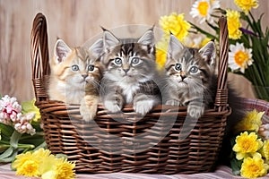 A Three striped kittens are sitting in a basket