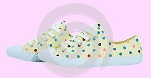 Three strips side decoration on net color blue shoes in kid size footware on isolated white background