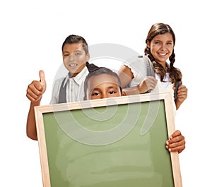 Three Students with Thumbs Up Holding Blank Chalk Board on White