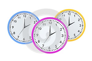 Three stylish wall clocks isolated on white background