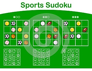 Three sudoku grids with cartoon sports balls