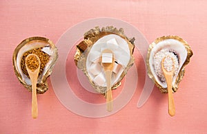 Three Sugar Dishes with Sugar Cubes and turbinado sugar