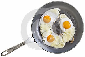 Three Sunny Side Up Fried Eggs With Edam Cheese Slices Isolated On White Background