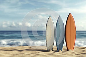 Three surfboards standing upright on a beach sand