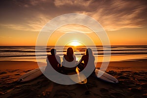 Three surfer friends sitting on their surfboard on the sand watching the sunset . Generative AI