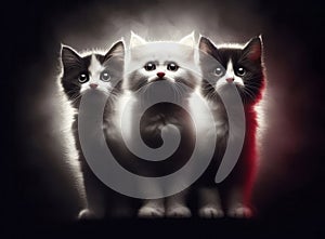 Three surprised kittens on a blurry foggy dark background, Light from behind