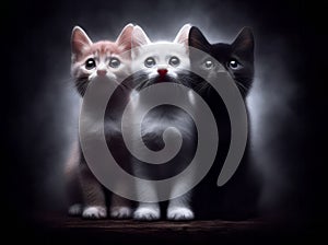 Three surprised kittens on a blurry foggy dark background, Light from behind