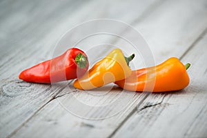 Three sweet mini peppers red, yellow and orange on a wooden background