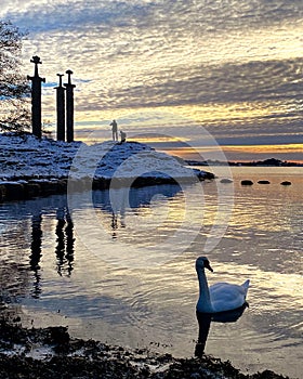 Three swerds in Hafrsfjord, Norway a winter day