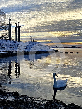 Three swerds in Hafrsfjord, Norway a winter day