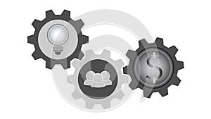 Three symbols in gears, light bulb idea, doing teamwork, money coin, gray scale color