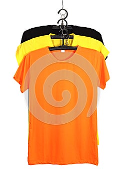 Three t-shirt template on hange isolated on white