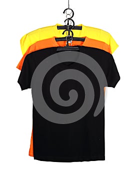 Three t-shirt template on hange isolated on white
