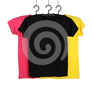 Three t-shirt template on hange isolated on white