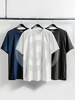 Three t - shirts hanging on a white wall photo