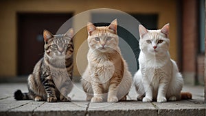 three tabby cats, white, red and black sit side by side on concrete floor