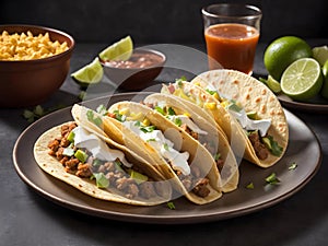 three tacos are shown on a plate next to some mexican chips