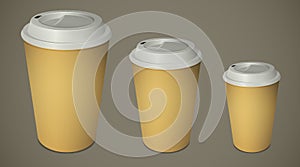 Three take-out coffee cups with caps