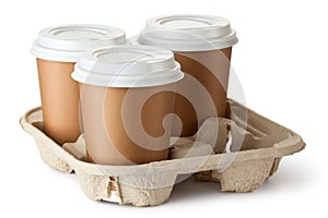 Three take-out coffee in holder