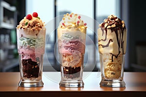 Three tall glass filled with ice cream, sweet pastries and desserts, in the style of explosive and chaotic.