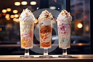 Three tall glass filled with ice cream, sweet pastries and desserts, in the style of explosive and chaotic.