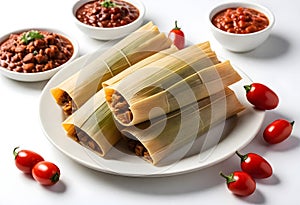 three tamales on a plate with chili sauce