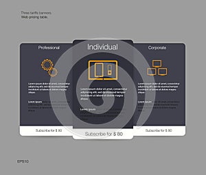 Three tariffs banners. Web pricing table. Vector design for web app.