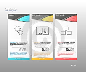 Three tariffs banners. Web pricing table. Vector design for web app. Price list. Grouped correctly.