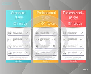 Three tariffs banners. Web pricing table. Vector design for web app.