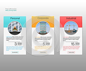Three tariffs banners. Web pricing table. Vector design for web app.