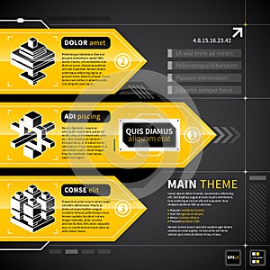 Three techno banners with text and isometric icons.