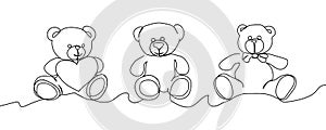 Three teddy bears continuous line drawing. One line art of February 14, Valentine s day, birthday, love, heart, toy