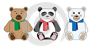 Three teddy bears: panda, teddy, polar bear, sitting in multicolor scarves