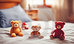 Three teddy bears sitting on the bed.