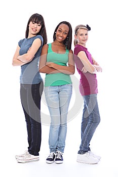 Three teenage girl friends black white and asian