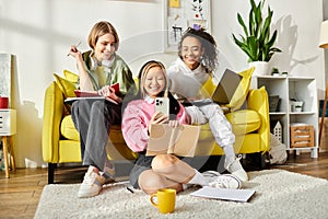 Three teenage girls of different races