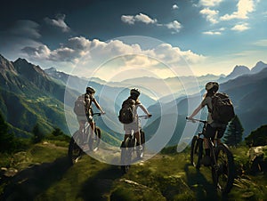 three teenager person mountain biking without helmets on trail. mountain, pine forest background. back, Rear view of 3 children.
