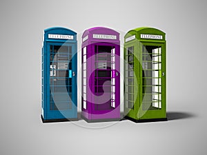 Three telephone booths for talking for money 3d render on gray background with shadow