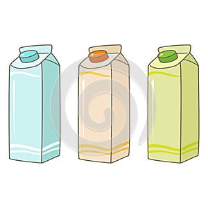 Three templates of cartons for milk or juice pack. Tetra pack. Mock up layout design. Drink carton packing vector illustration on