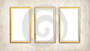 Three Thin vertical frame hanging in textured Vintage Wall. 3 Rectangular picture frames collection in texture background.