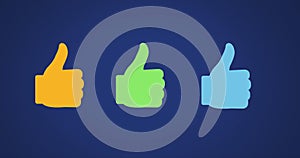 Three thumbs-up icons in yellow, green, and blue are displayed