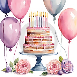 Three-tier beautiful birthday cake with candles and pink balloons,rose flowers on white background.Birthday,anniversary or wedding