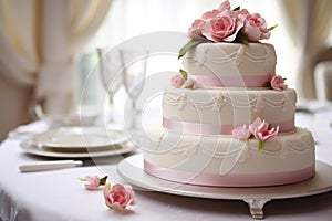 a three-tier fondant wedding cake with flower decorations