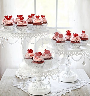 Three tier stand with Red velvet cupcakes