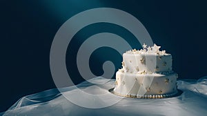 Three-tier white wedding cake with celestical decorations on dark blue solid background, copy space