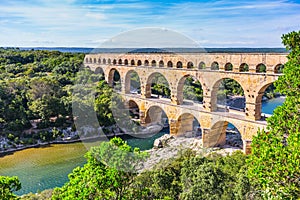 Three-tiered aqueduct Pont du Gard and natural park