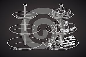Three tiered plate. Drawing on a blackboard. Vector illustration