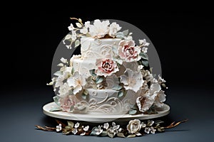 Three tiered wedding cake decorated with flowers made of mastic