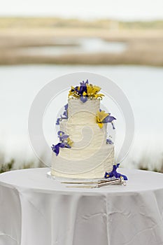 Three tiered wedding cake at outdoor reception